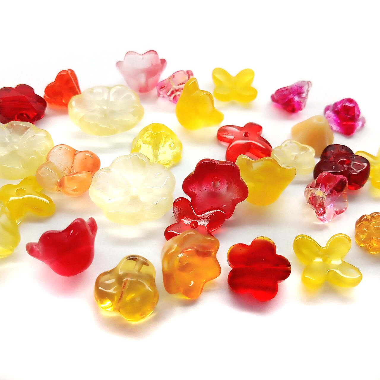 Glass Flower Beads, 30 pcs, Small Red Orange & Yellow Mix, Assorted Styles, 6mm to 15mm, Adorabilities